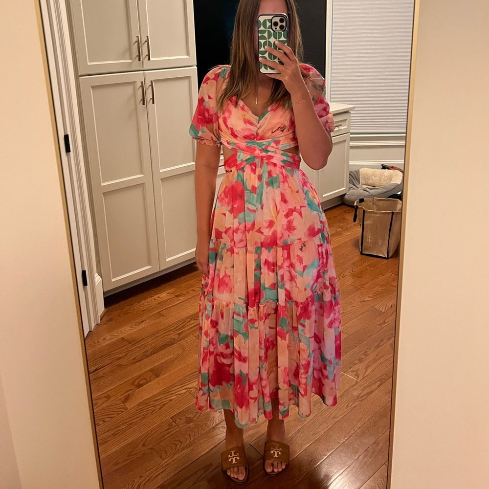 All About May Pink Flutter Sleeve V-Neck Maxi Sundress